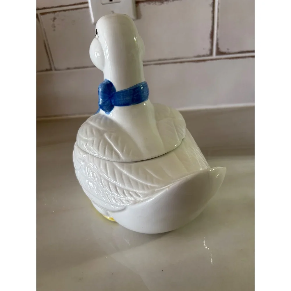 Vintage Ceramic Duck Jar White Goose Blue Bow Farmhouse Cottagecore Decor